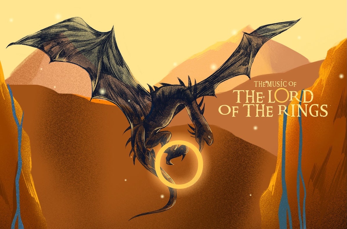 Cartoon type image of large black dragon with longs wings, flying over brown hills with large gold ring in its claw.