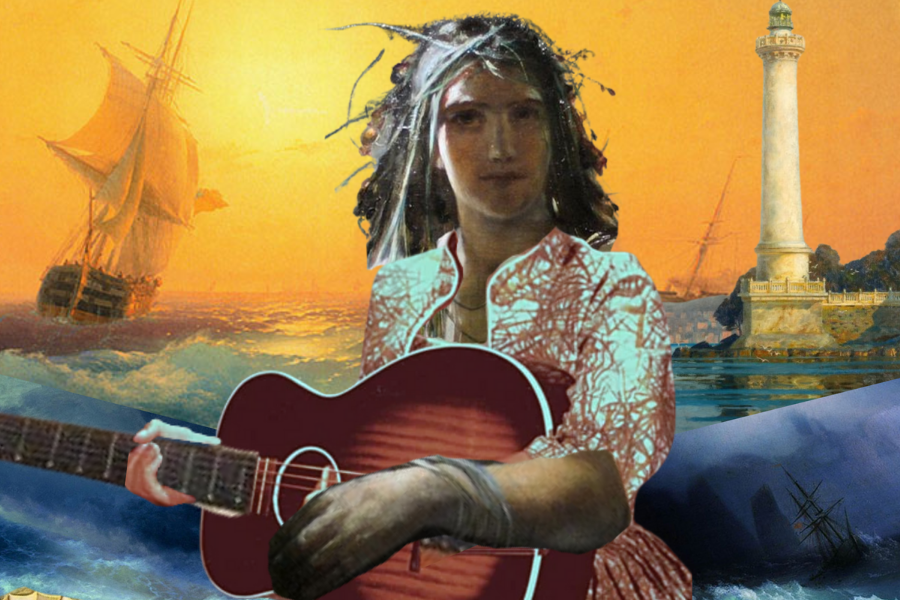 Drawing of person with black hair playing a guitar with ancient ship at sea in the background and a tall white lighthouse.