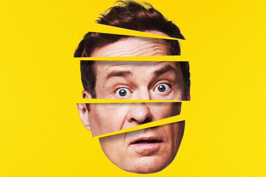 A man's face looking shocked split up into 5 horizontal separate pieces, against bright yellow background.