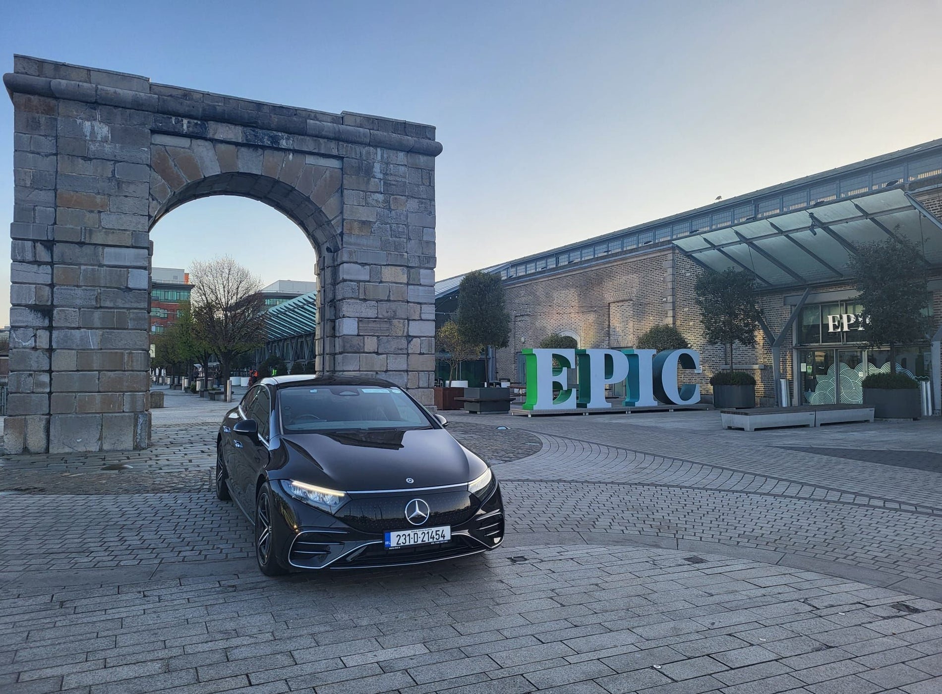 A Top Hat Chauffeurs car parked outside EPIC The Irish Emigration Museum