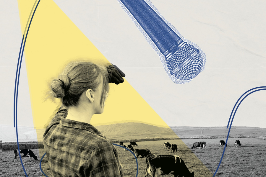 A person looking at a field of cows grazing overlaid with image of a mic and lead.