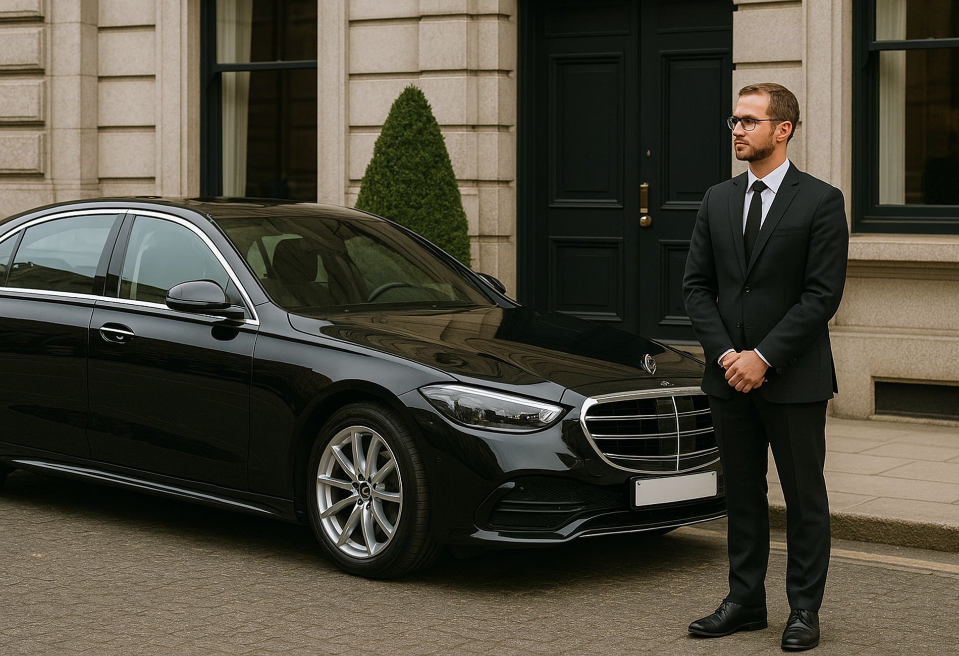 Person in a dark suit standing by a black car parked on a street