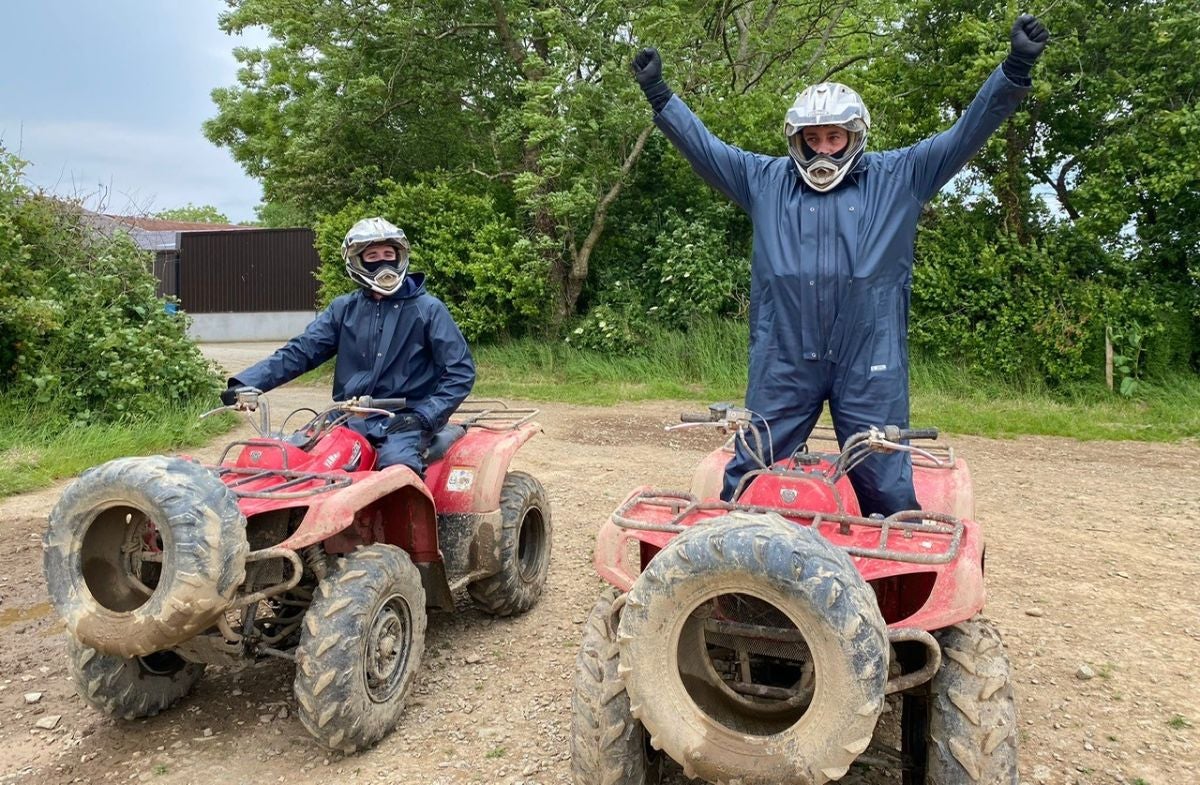 Baz Ashmawy and his son on quad bikes at Quadventure in Wexford.