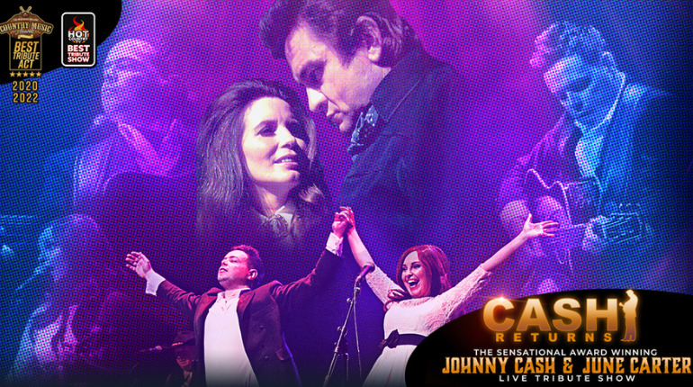 A man and woman are holding hands with their arms up in the air, above are various images of them singing and playing a guitar, in shades of purple and blue.