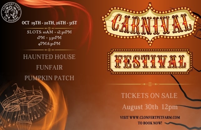Brown poster with pale event text and 2 yellow circus style banners.