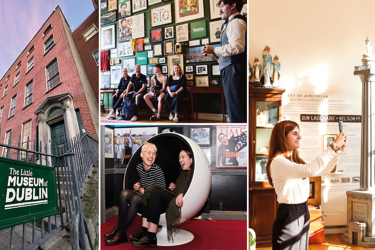 4 different views of visitors in a museum looking at exhibits