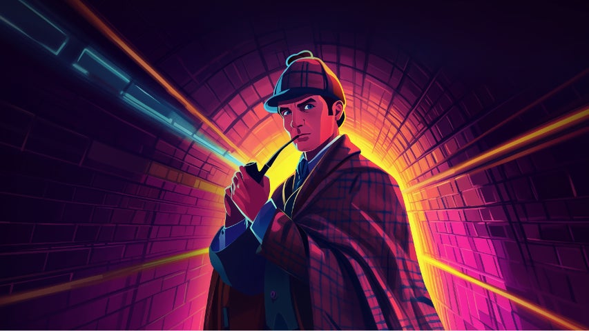 A graphic of Sherlock Holmes on a dark background