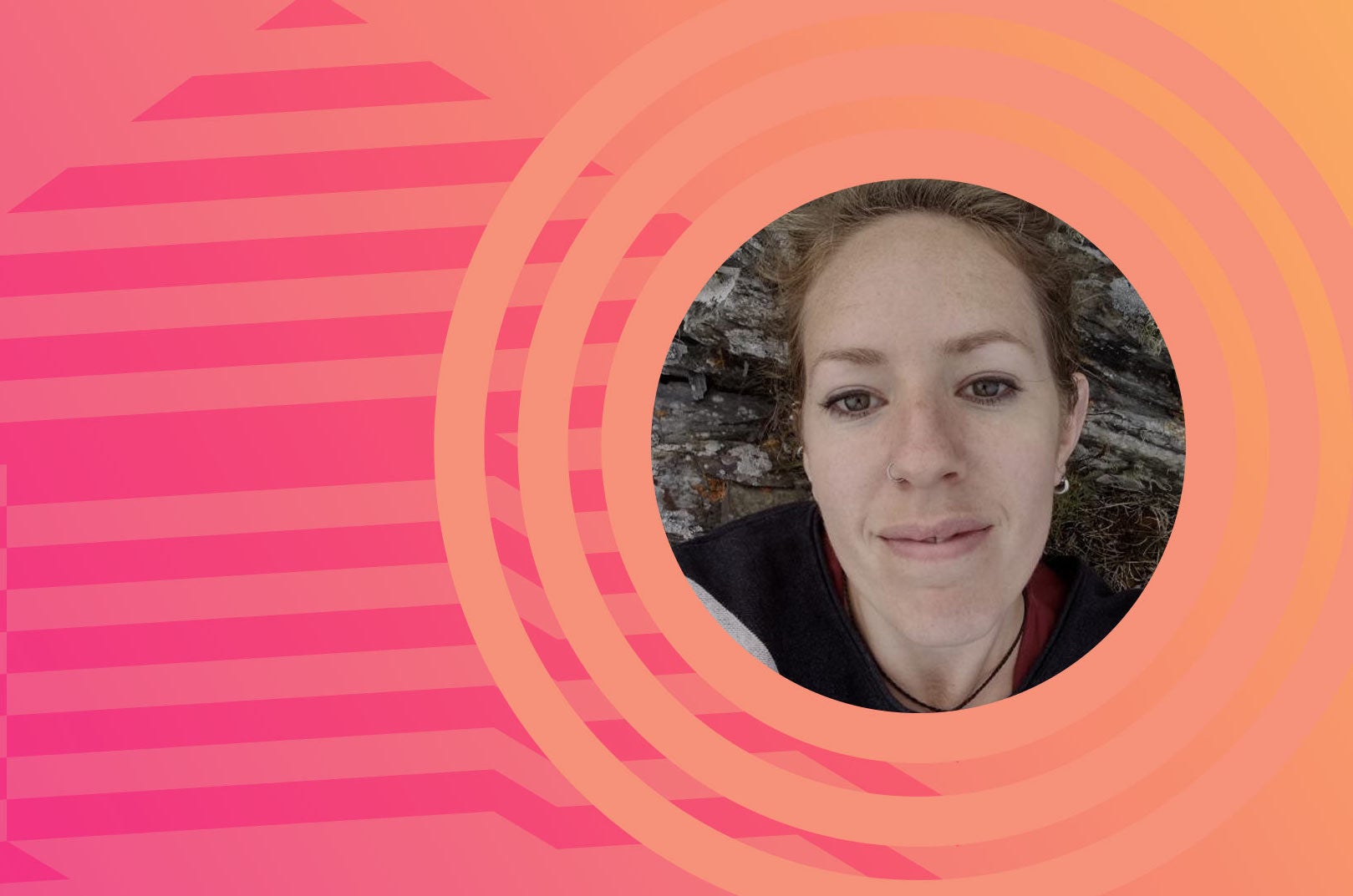 Small, round black and white photo of woman, smiling gently, surrounded by pale orange circles with pale pink stripes to the right.