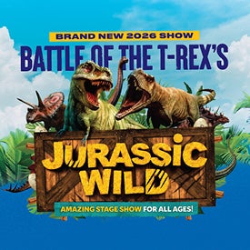 Jurassic Wild, Battle of the T-Rex's poster with 3 large dinosaurs.
