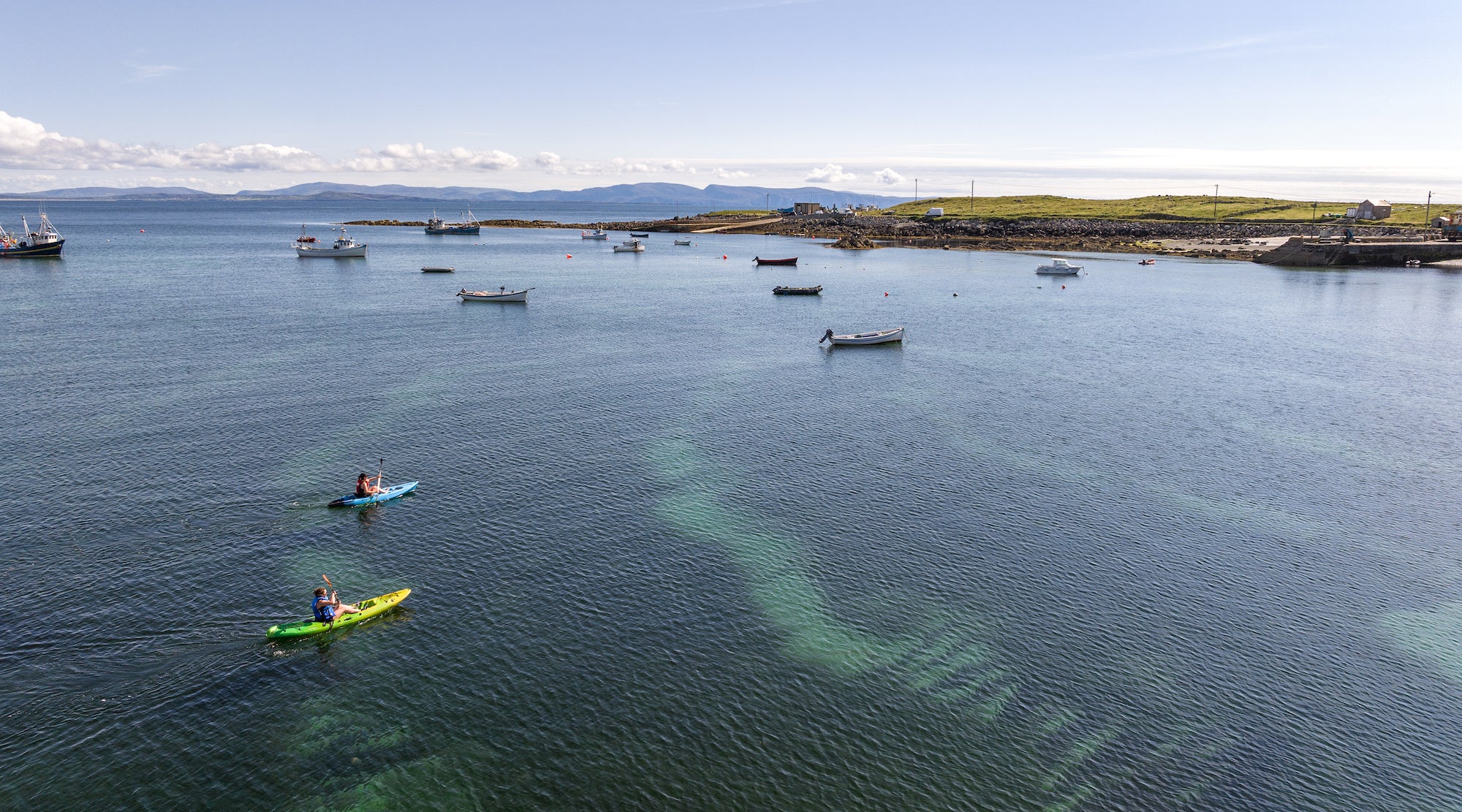 Aerial view of people kayaking in Co Donegal