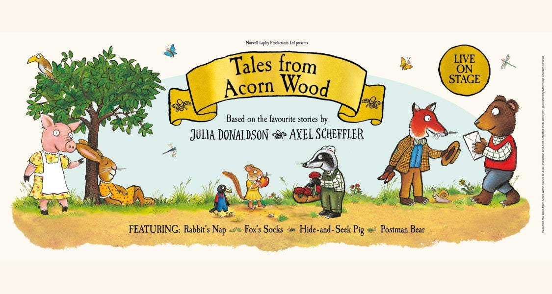 Poster for Tales from Acorn Wood with cartoon animals dressed in clothes like people.