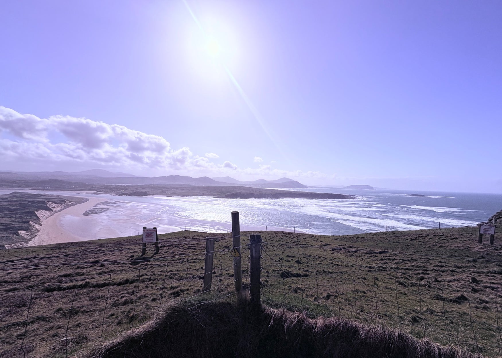 View over a field onto a beach under a sunny sky