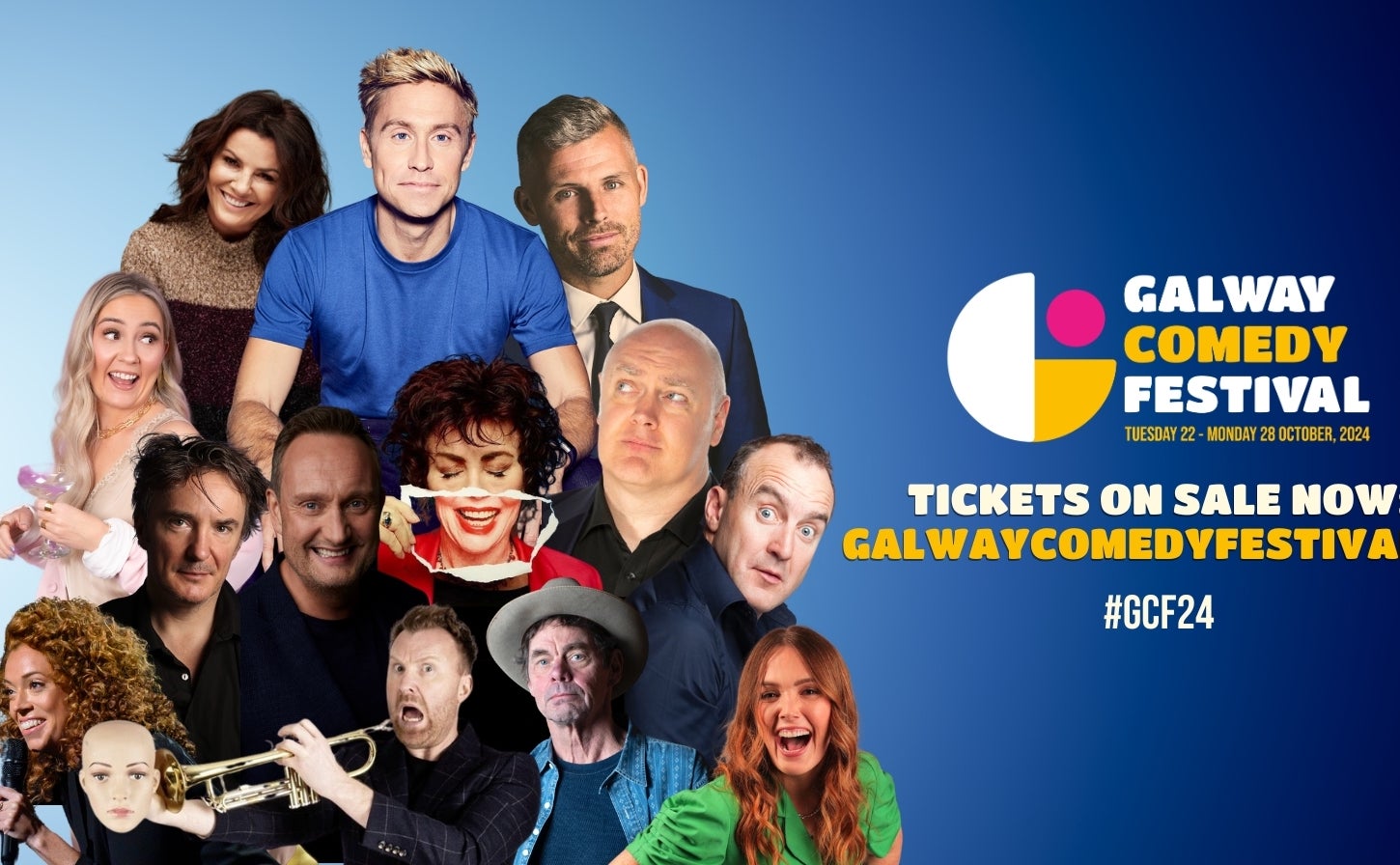 Against blue background, completion of photos of various comedians, with event text in white or yellow to one side.