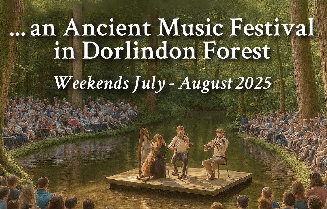 A group of 3 musicians playing on small wooden platform on small pond surrounded by seated audience in woods.