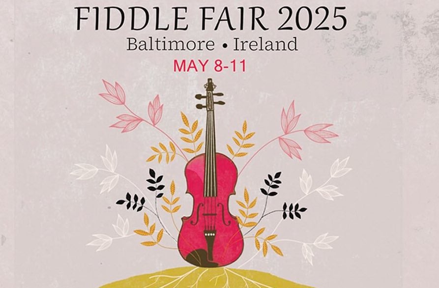 Drawing of an upright fiddle with leaves growing out of it against plain light grey background.