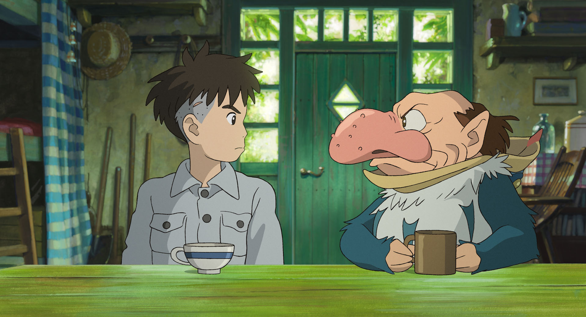 An animated boy and a man with a massive nose are scowling at each other.