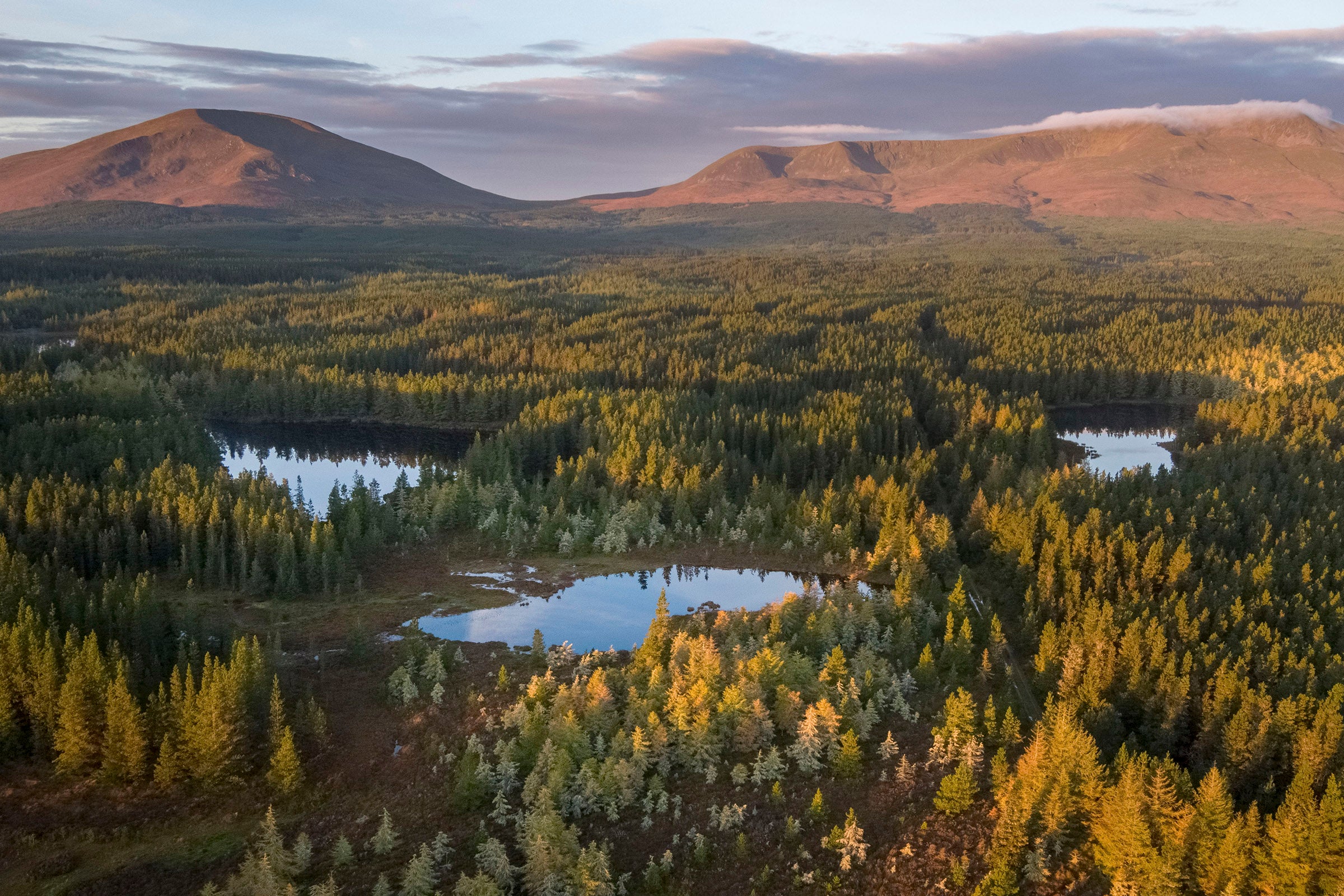 Sunset on mountains, forest and lakes at Wild Nephin Ballycroy National Park, Mayo