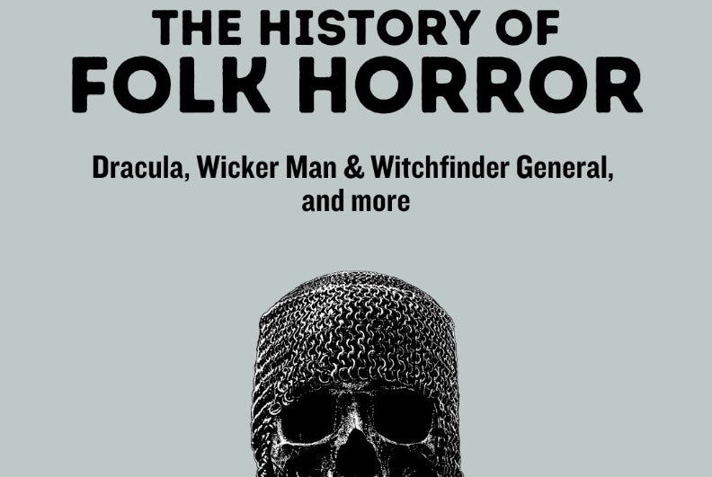Seed Talk, The History of Folk Horror - grey poster with part of dark skull with chainmail hat