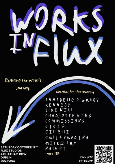 Black poster with purple handwritten-style with artists names 