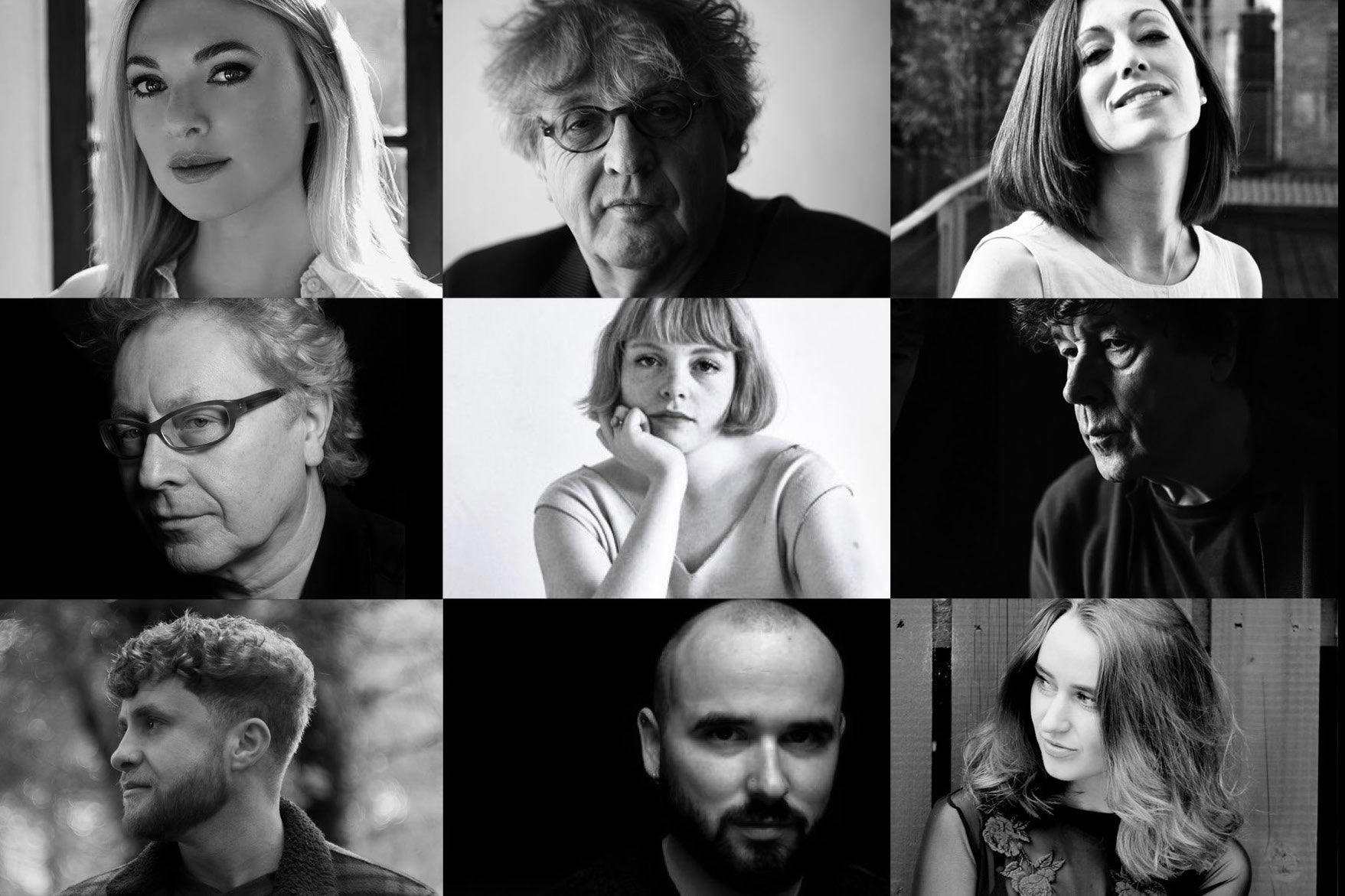 Collage of black and white photos of various writers.