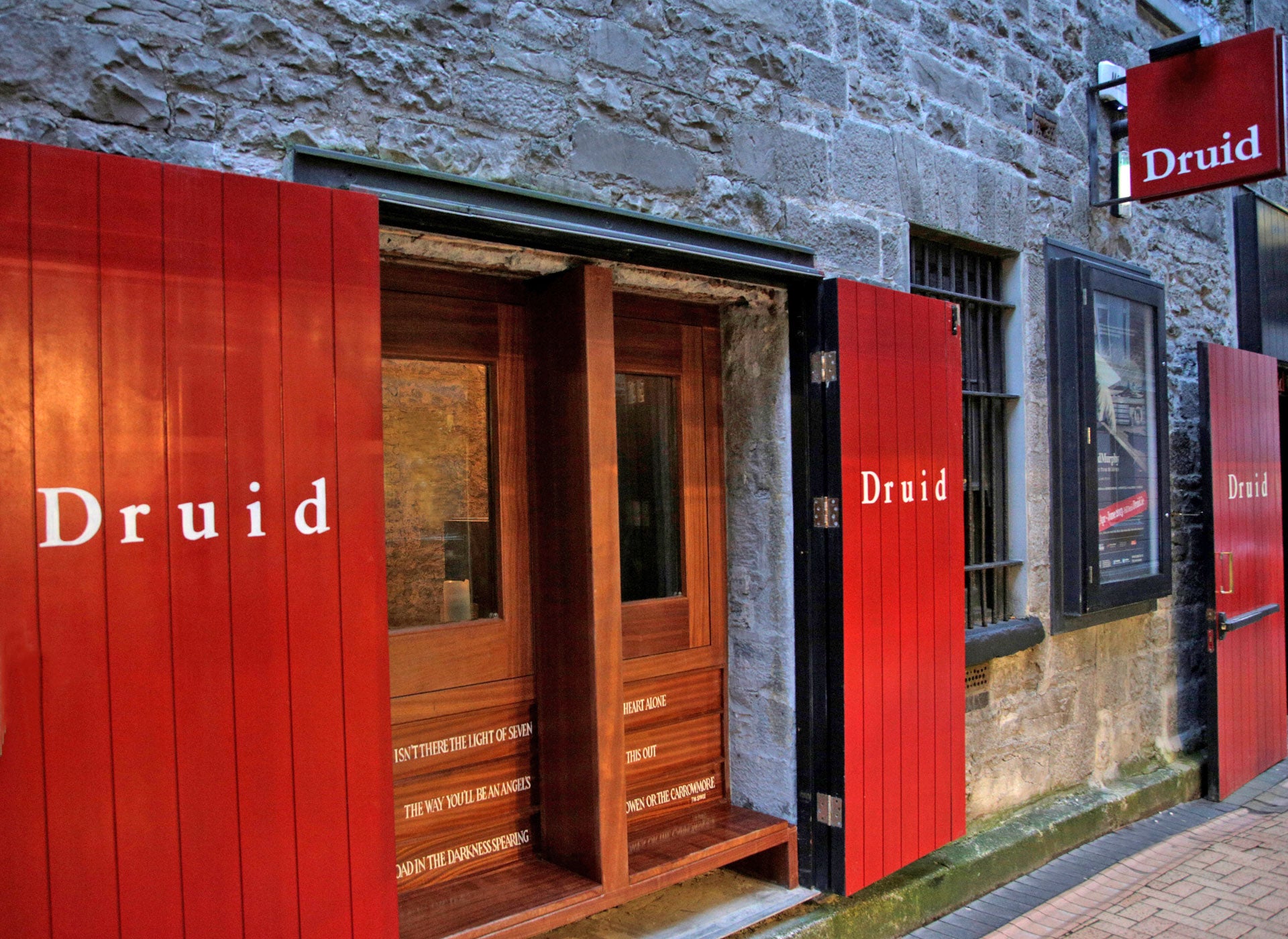 Druid Theatre entrance with red doors on Druid Lane in Galway