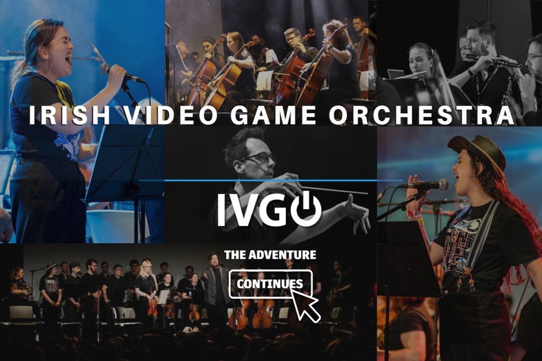 Promo collage for Irish Video Game Orchestra (IVGO). Singer with microphone, cellists playing, wind section, conductor mid-gesture, singer in cowboy hat, and a group photo on stage. Text reads "The Adventure Continues."