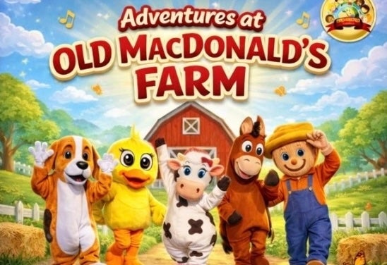 Adventures on Old MacDonald's Farm, lineup of 5 people in different animal costumes with cartoon farm background.