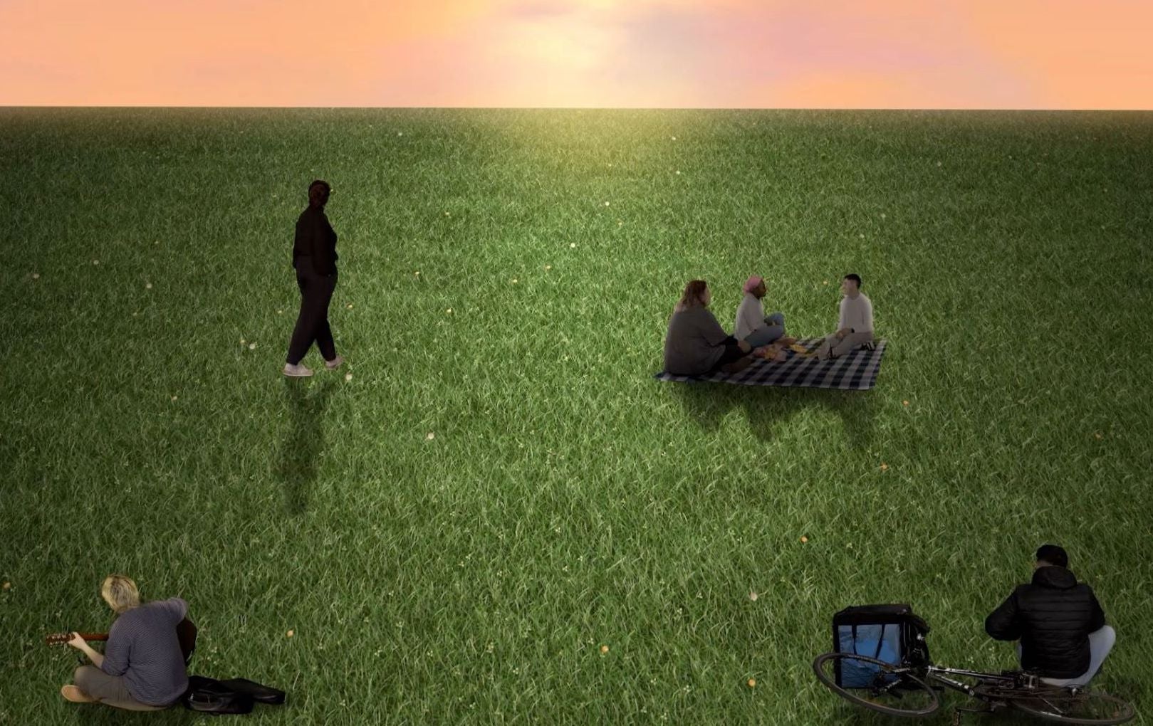 Several people are on a grassy plain, during a sunset.