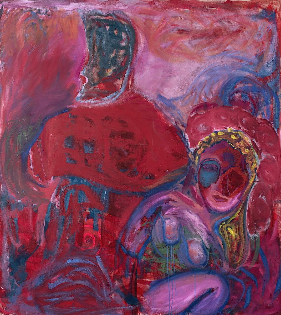An abstract painting of a pink and red crouching figure with golden yellow hair. In the background are abstract shapes in deep red, pink and blue.