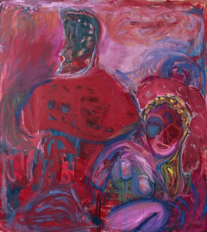 An abstract painting of a pink and red crouching figure with golden yellow hair. In the background are abstract shapes in deep red, pink and blue.