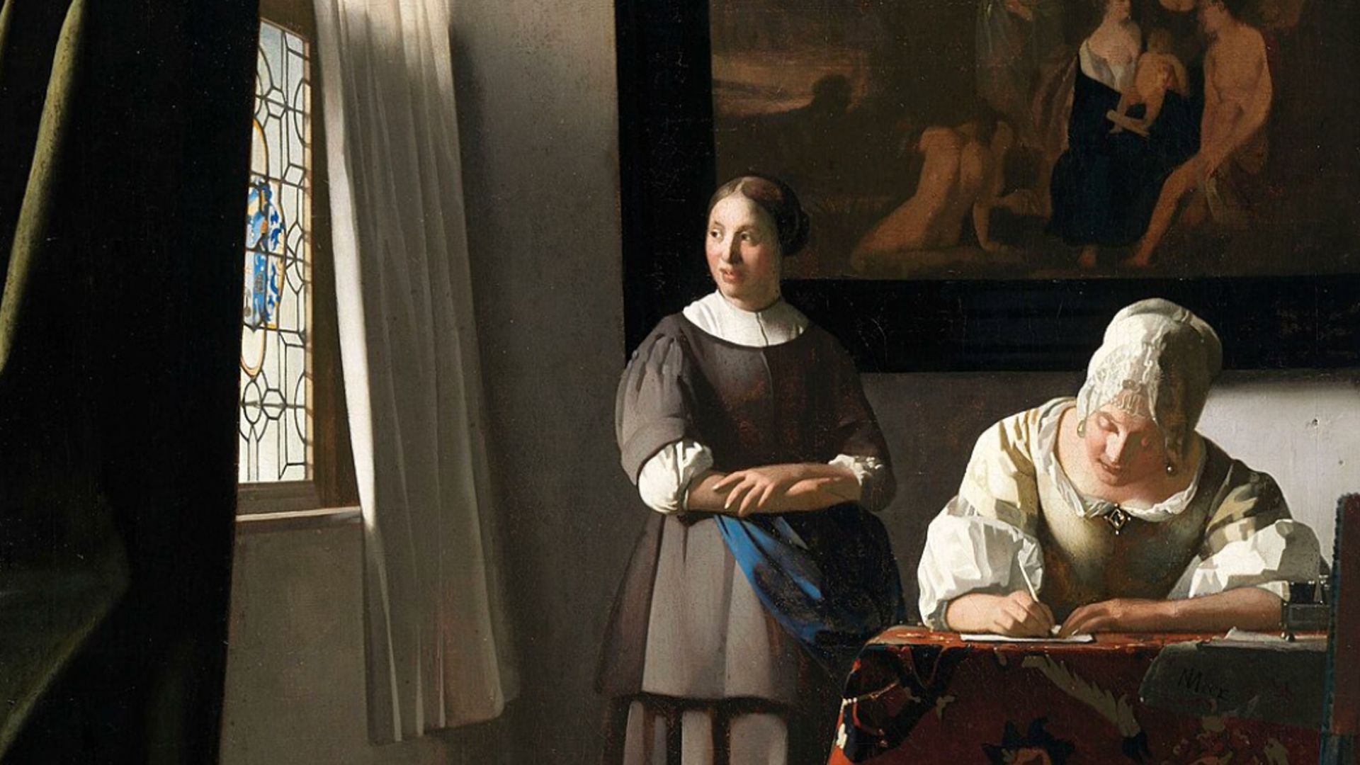 A maid looks out of a window while a more lavishly dressed woman looks down at a table.