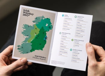 A leaflet detailing a list of Irish Whiskey 360 Experiences locations around Ireland