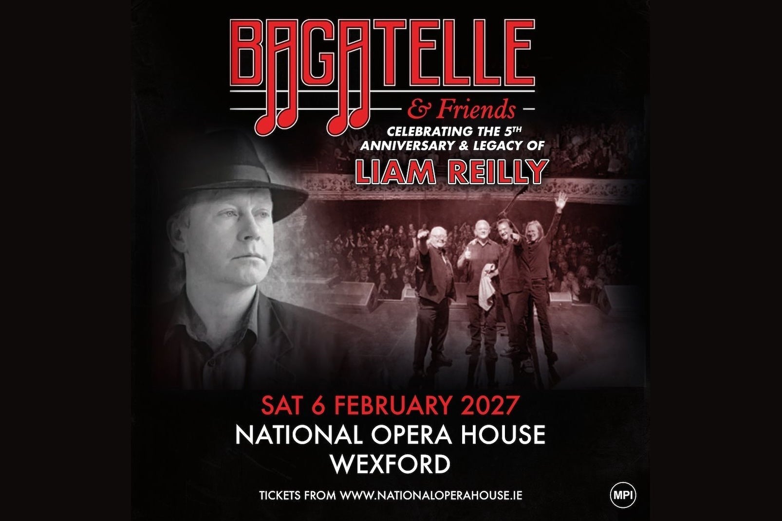 Bagatelle & Friends Liam Reilly poster with 4 men on a stage 