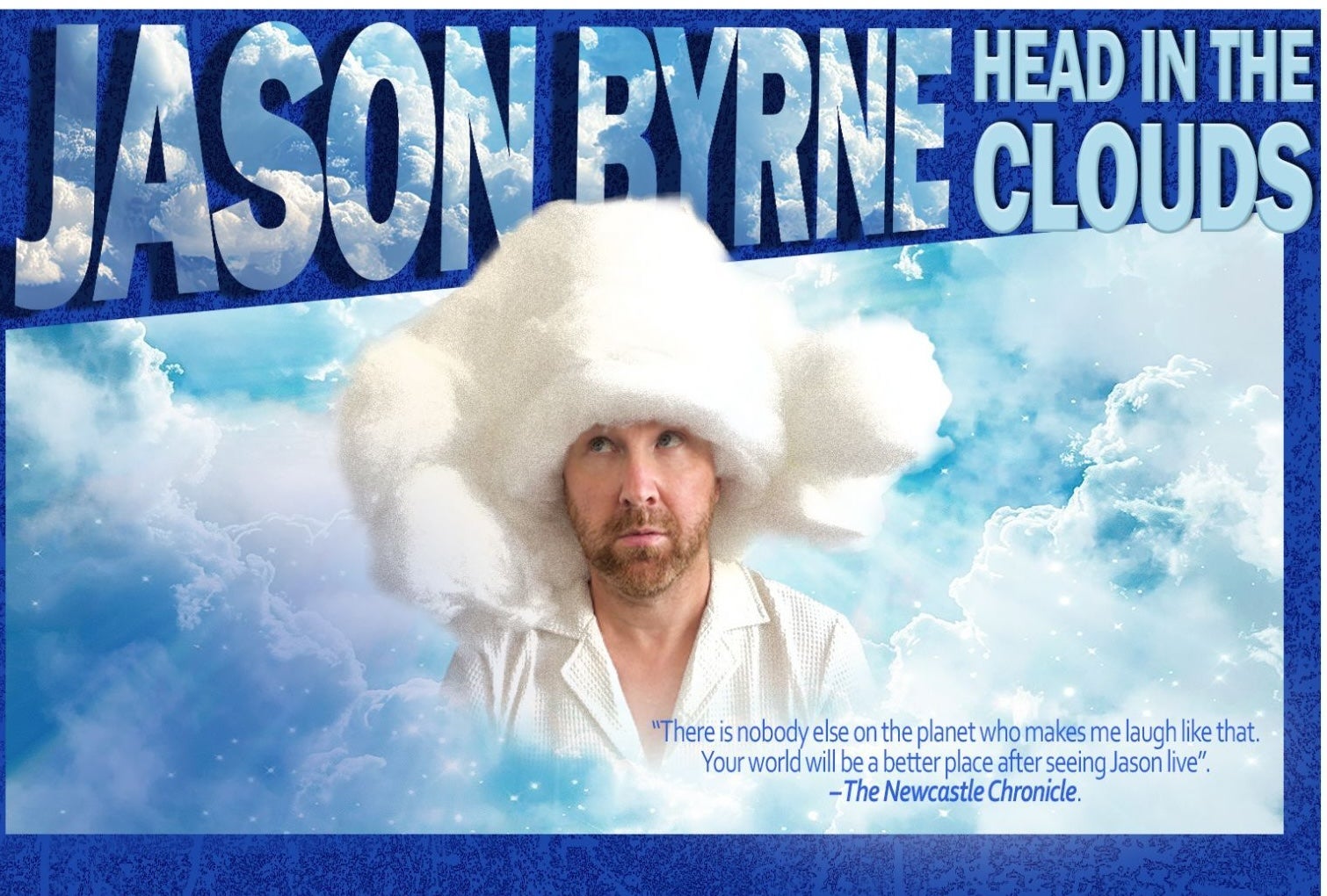 A man wearing a very large fluffy wooly hat and white shirt, surrounded by white clouds in blue sky