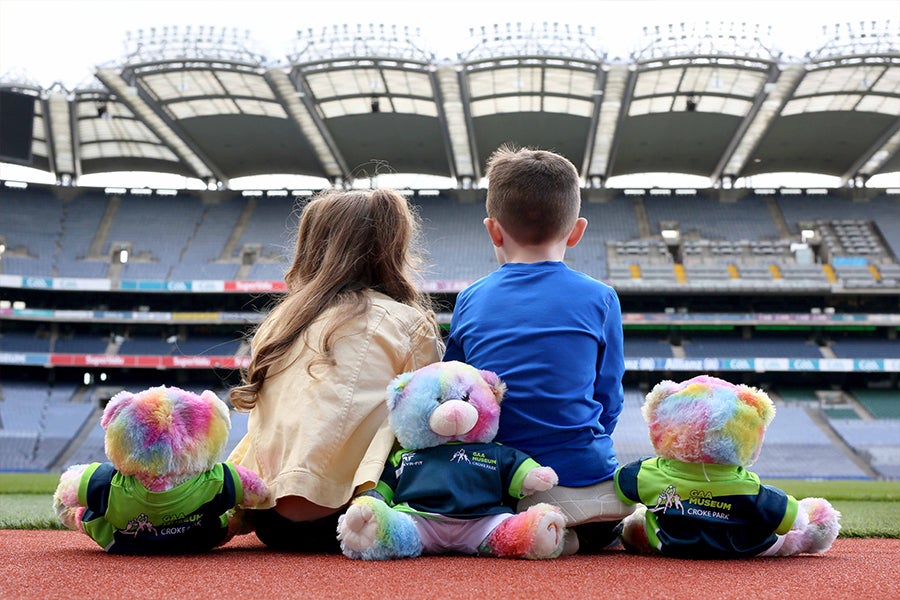 Rear view of 2 young children seated on the ground looking at the large stands in a stadium with multicoloured stuffed toys seated beside them.