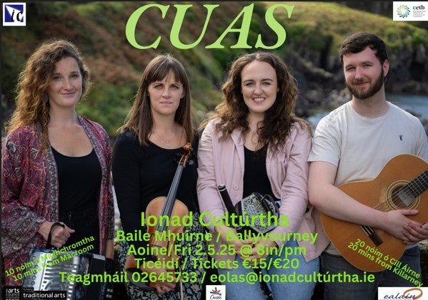 Group of 3 woman and 1 man, seating on a wall with musical instruments.