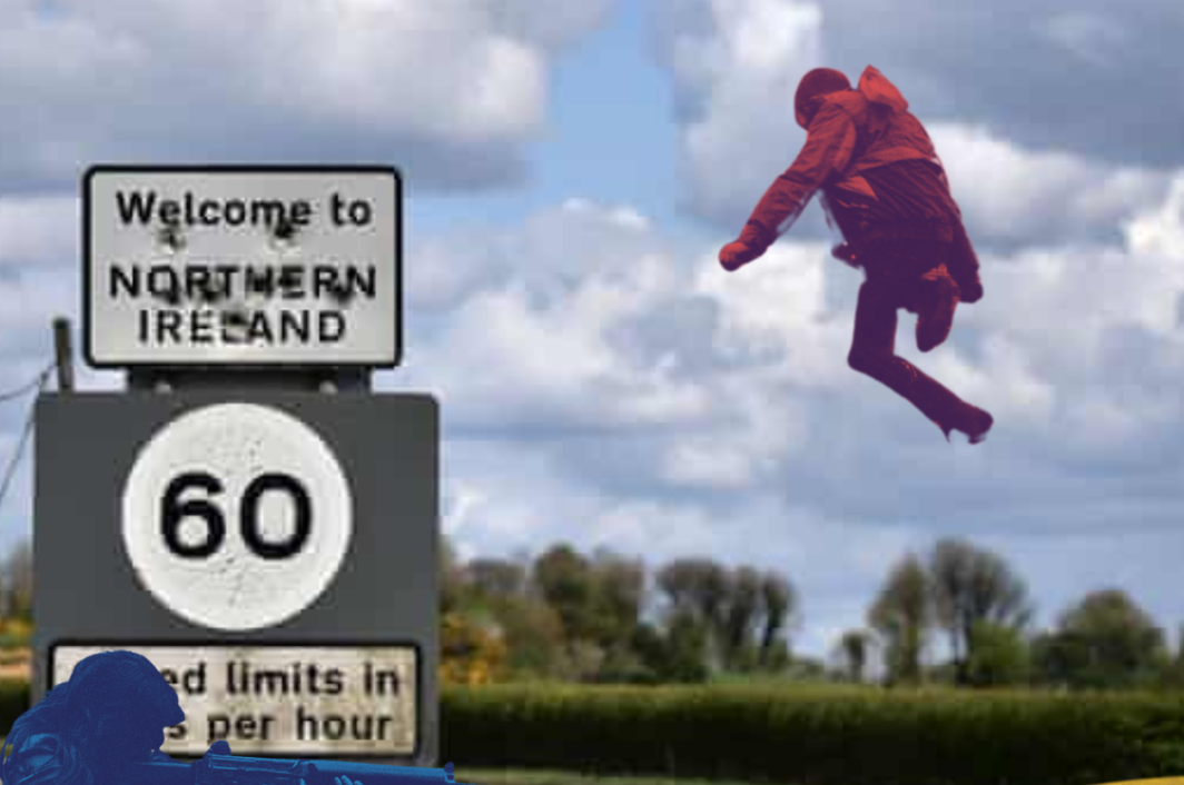 Beyond The Border – MAD Youth Theatre, A person dressed in dark red leaping up in the sky beside a road sign