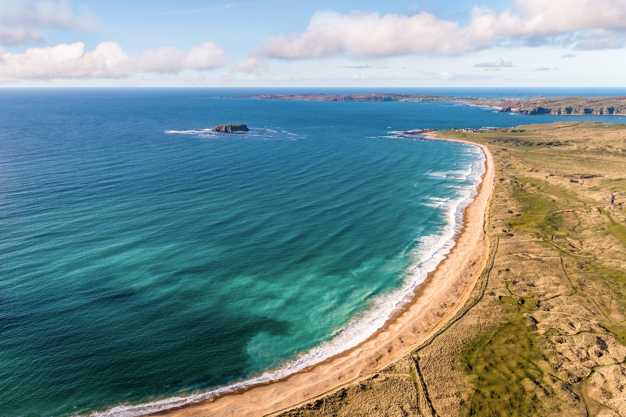 Aerial view of Pollan Bay in Ballyliffin, Co Donegal
