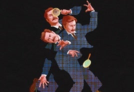 Mike Wozniak: The Bench, cartoon type image of man in suit in 3 different postions.