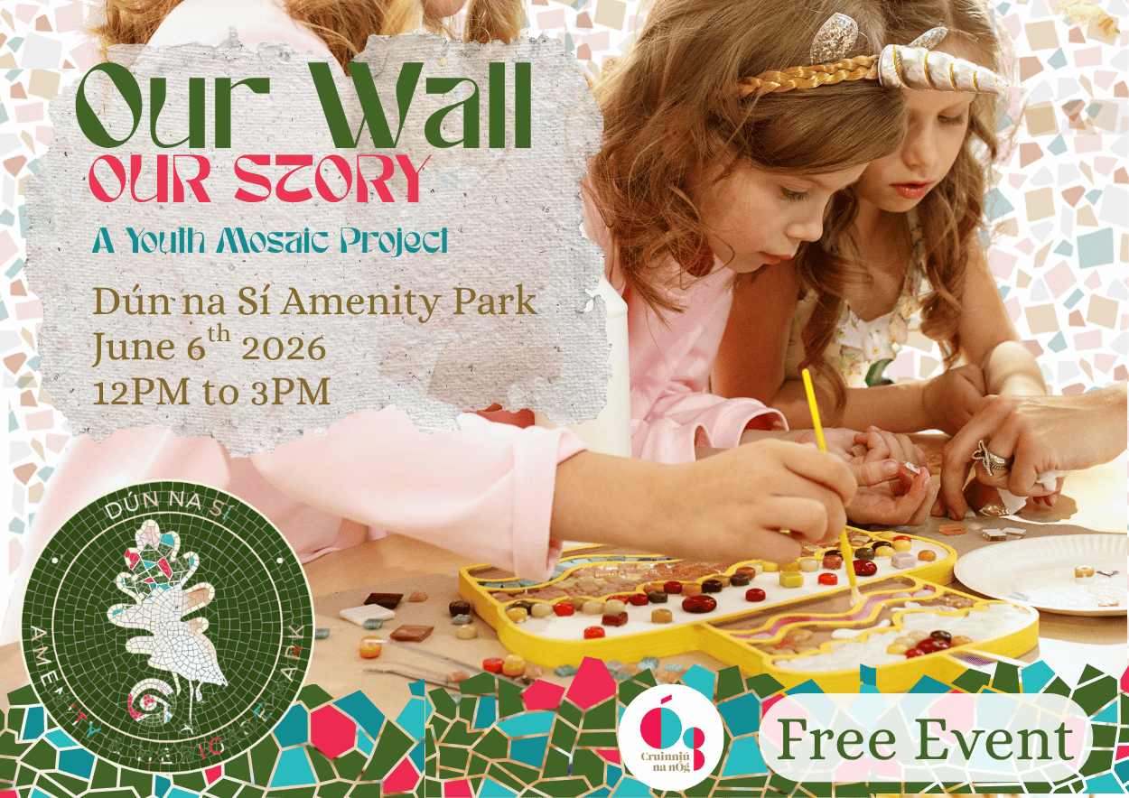 Poster for event Our Wall, Our Story, young children working on art works on a table