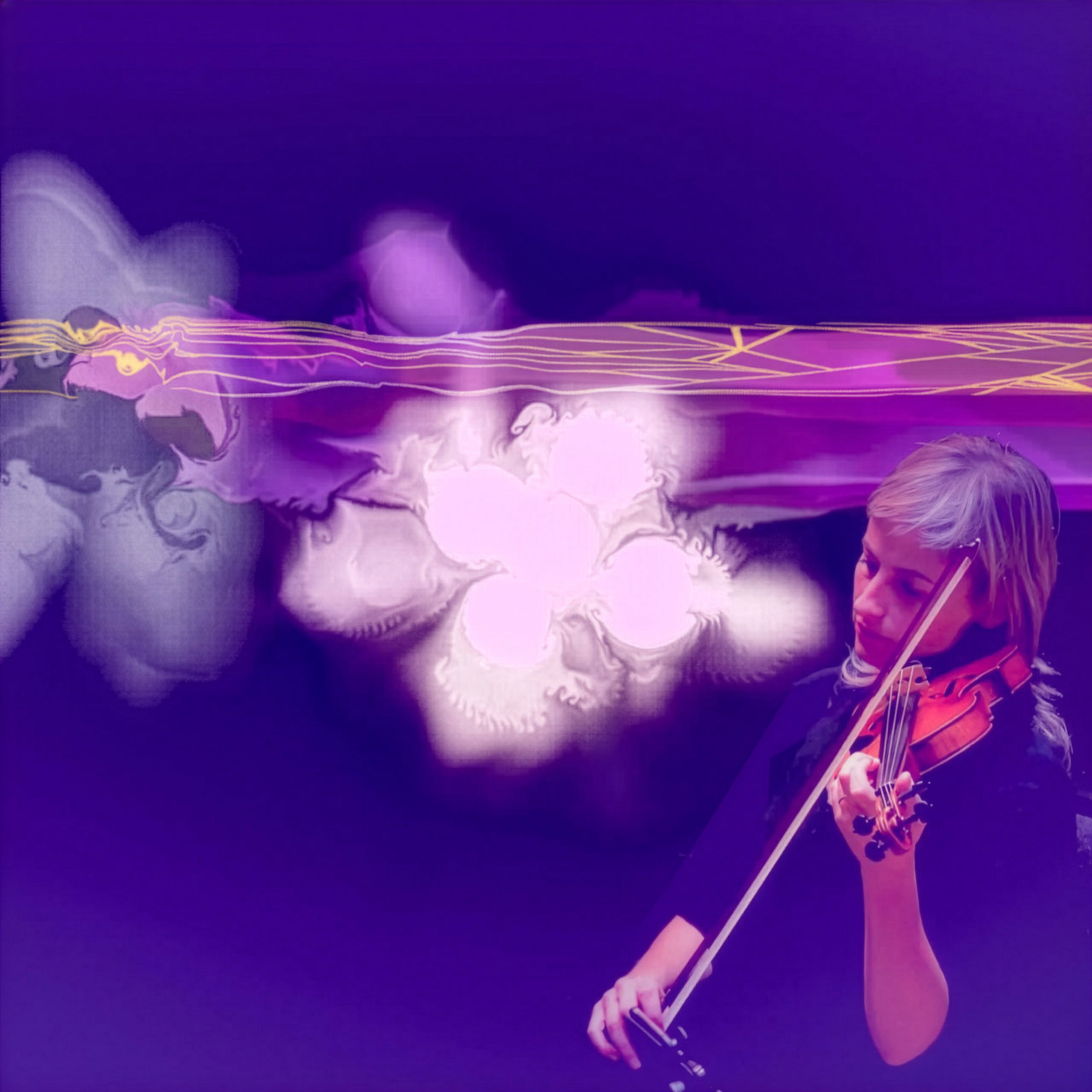Ioana Petcu-Colan playing a violin with abstract imagery in the background.