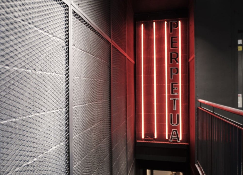 A neon lit corridor featuring Perpetua branding