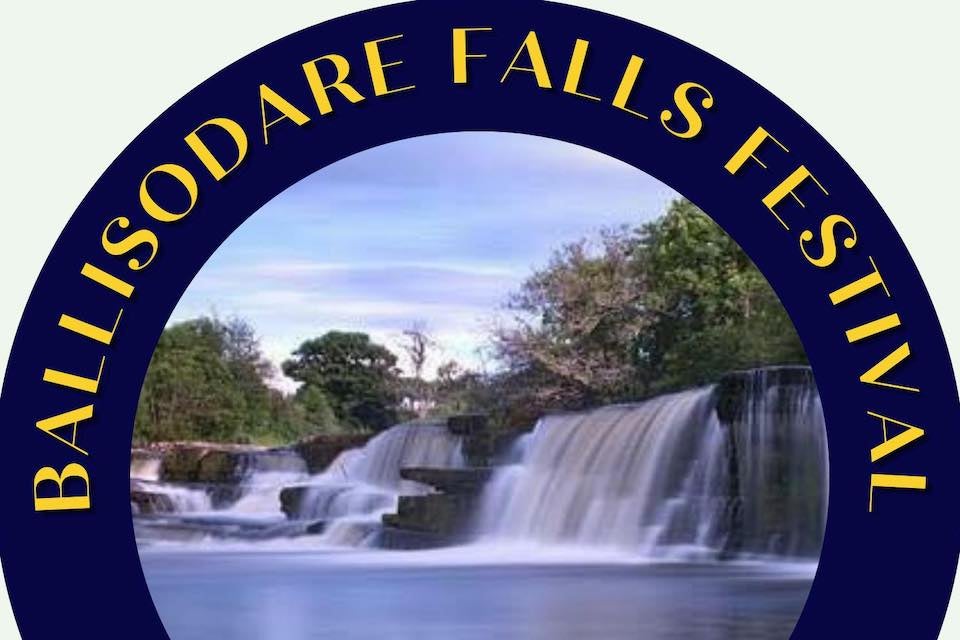Part of circular image with yellow writing on dark blue border with inset photo of waterfalls over rocks.