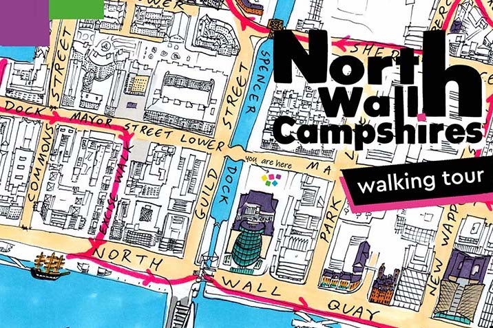 Image depicts a map of Dublins Docklands with the route of the walking tour, highlighted in red