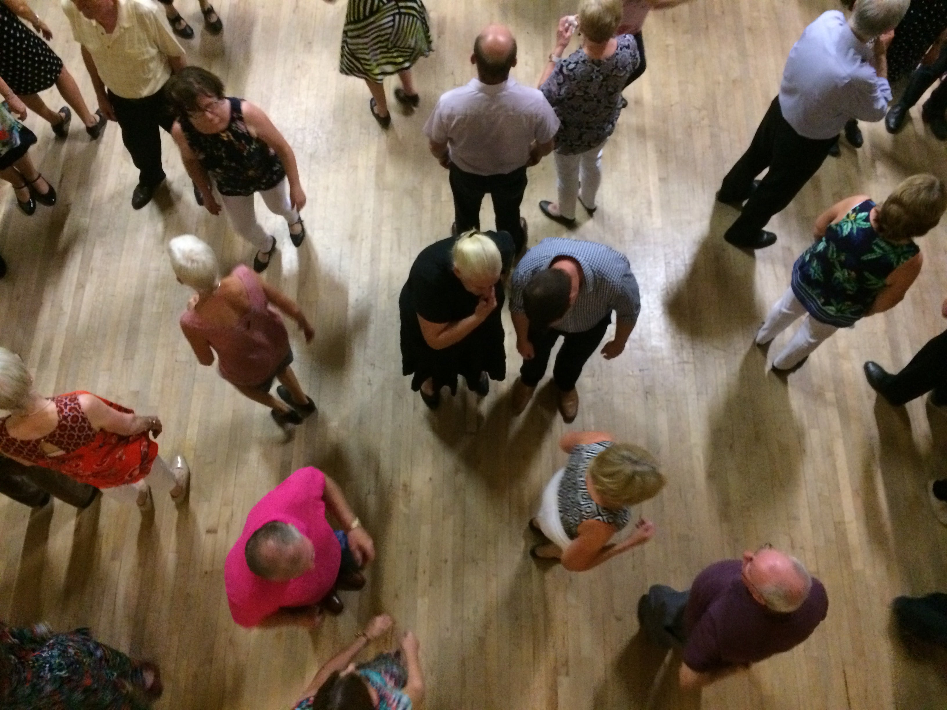 A bird's eye view of dancers at a céilí in St. Brigid's Hall, Tubbercurry, County Sligo during the South Sligo Summer School.  This beautiful sprung maple floor is well utilised day & night for a full week of sets and sean nós dancing.