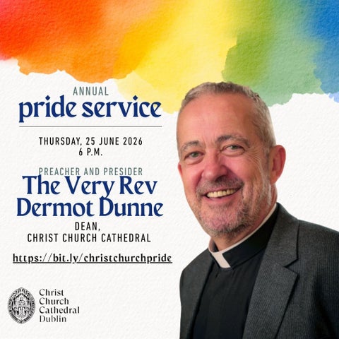 Dean Dermot Dunne's portrait overlays information about the annual Pride Service at Christ Church Cathedral