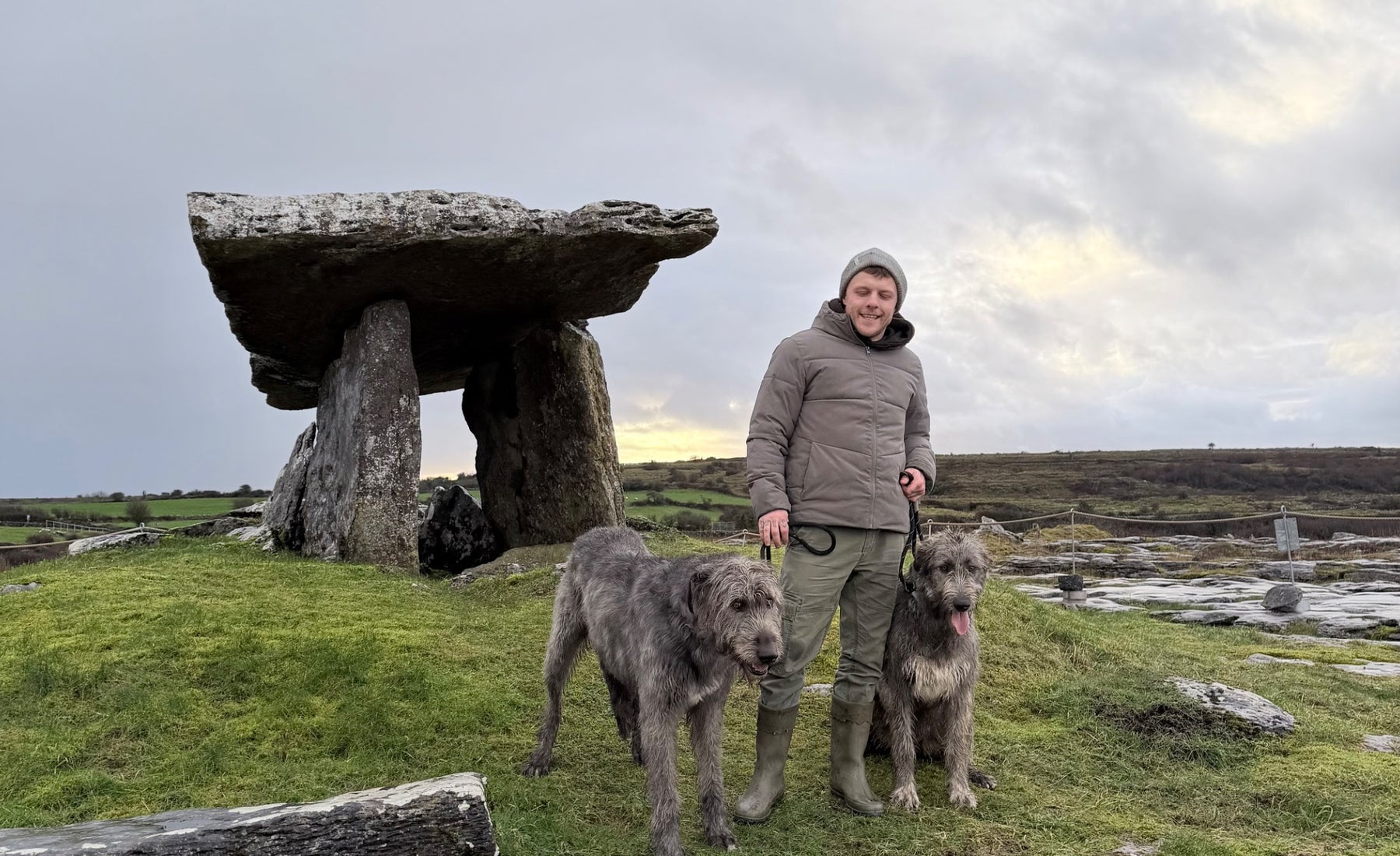 Two Irish wolfhounds standing with their guide at Poulnabrone Dolmen