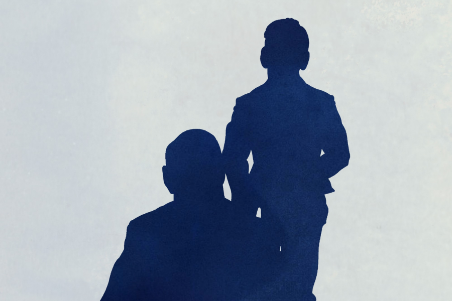 Sure Look, Sure Listen - silhouette in dark blue of 2 figures, one seated, the other standing behind against plain pale background.
