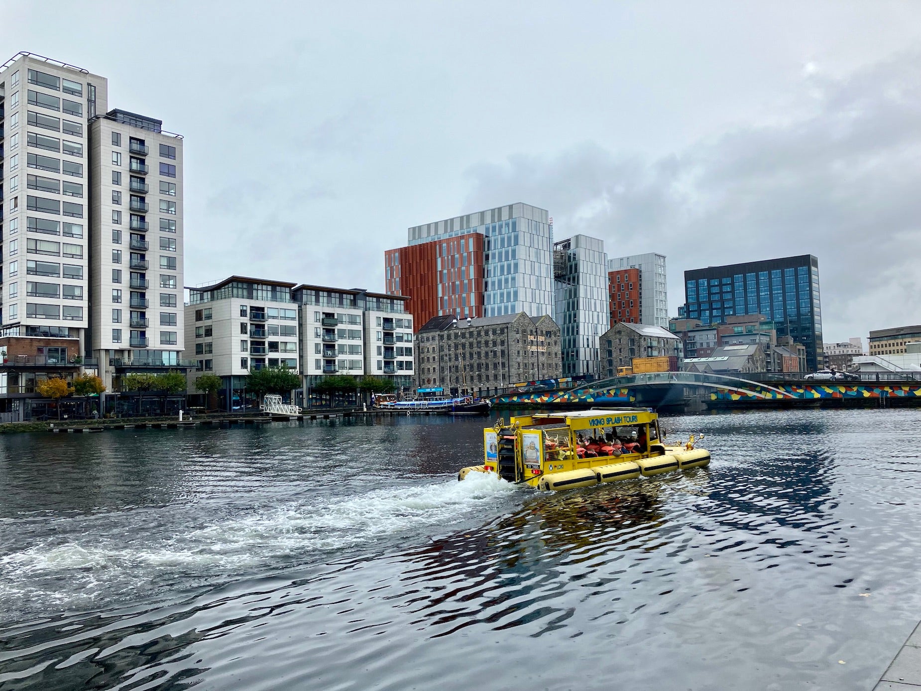 People on a Viking Splash Tour in Grand Canal Docks in Dublin city