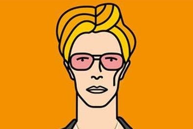 Simple cartoon type image of a face wearing pink sunglasses with yellow hair against orange background.